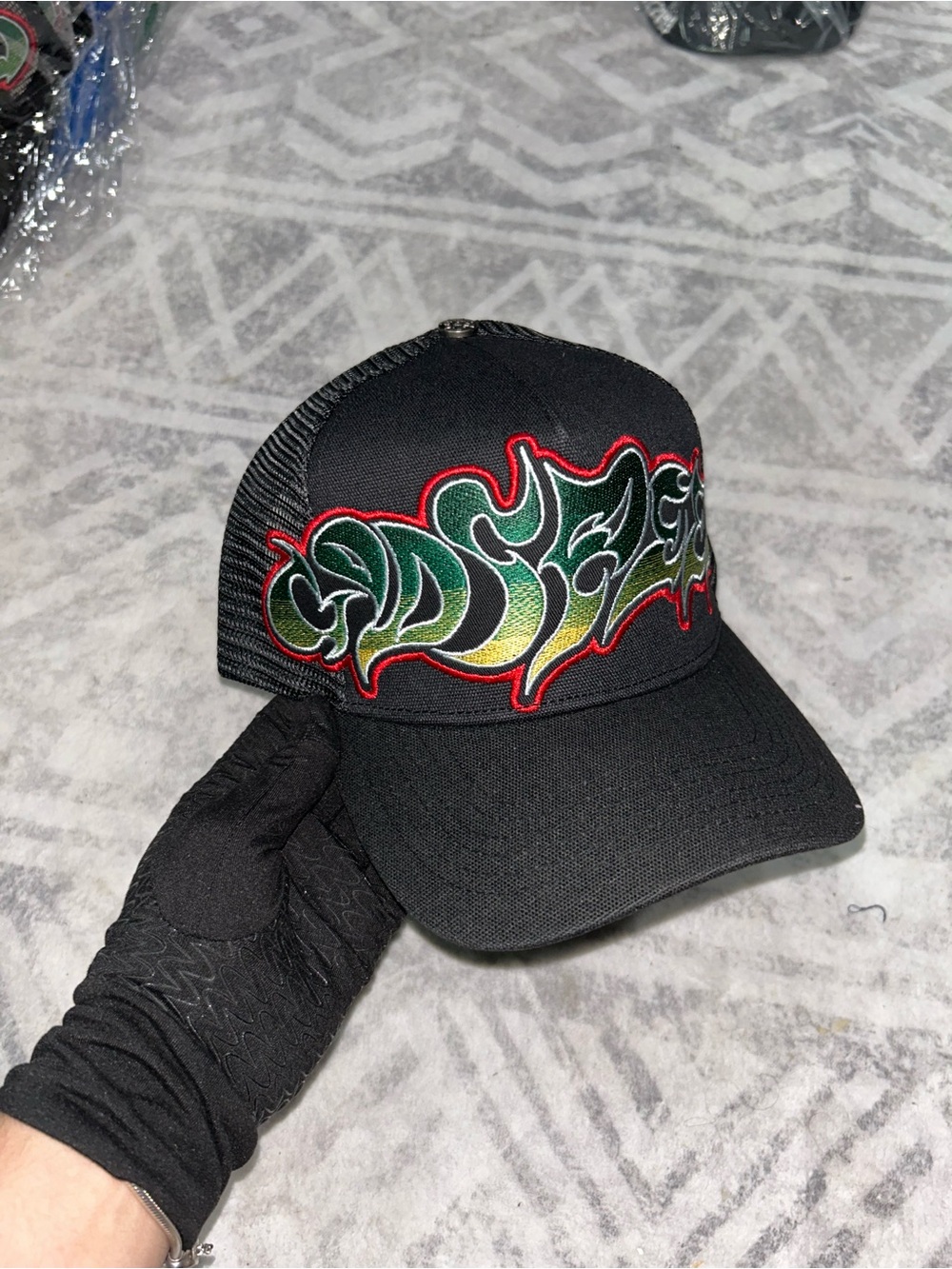 Black Trucker Hat with Green Gradient Flame Patch